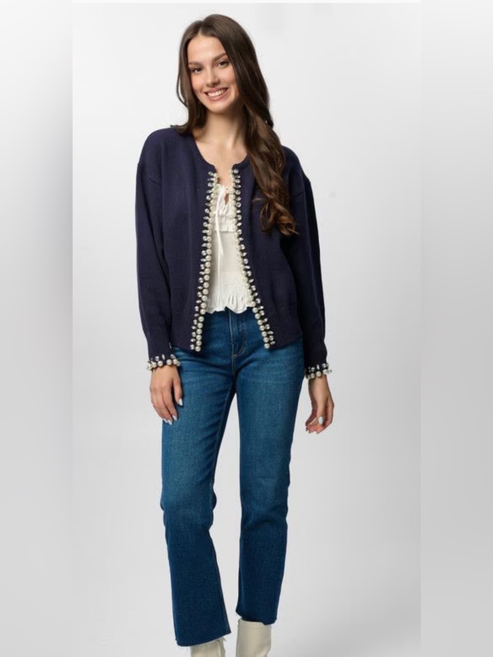 PEARL & CRYSTAL TRIM CARDIGAN size One size